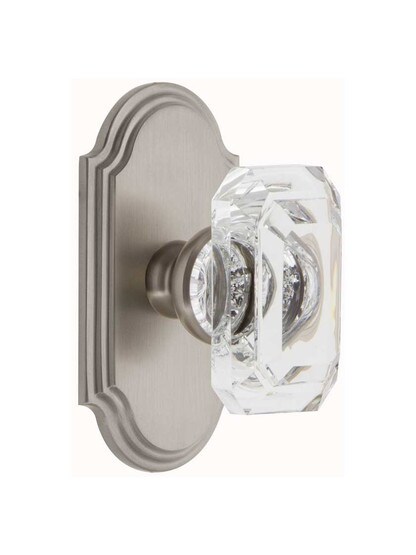Grandeur Arc Rosette Door Set with Clear Crystal-Glass Baguette Knobs in Satin Nickel.